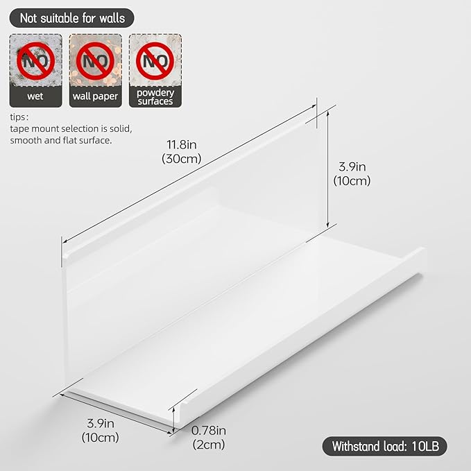 Acrylic Wall Floating Shelves Set of 2, Wall Shelves White 12 Inch Adhesive Wall Organizer Adhesive Shelf for Bathroom, Kitchen, Bedroom, Office, Gaming Room, No Damage, No Drill-CasaMuseHome