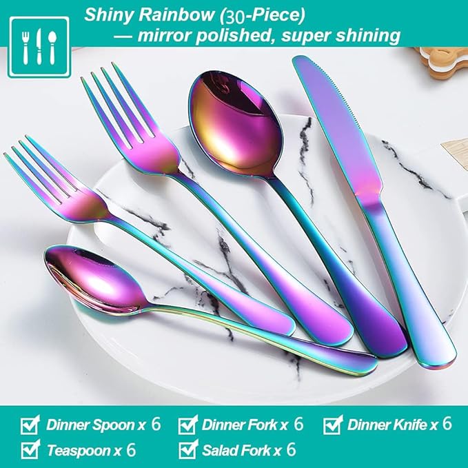 30 Pcs Rainbow Silverware Set for 6, Food Grade Stainless Steel Flatware Set, Eating Utensils Sets Include Fork/Knife/Spoon,Home Kitchen Tableware Set, Reusable Cutlery Set, Dishwasher Safe-CasaMuseHome
