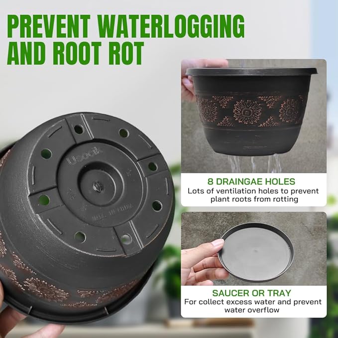 6 Pack 8 inch Plant Pots, Retro Pattern Planters with Drainage Holes and Saucer, Sturdy Plastic Garden Flower Pots for Indoor & Outdoor Plants-CasaMuseHome