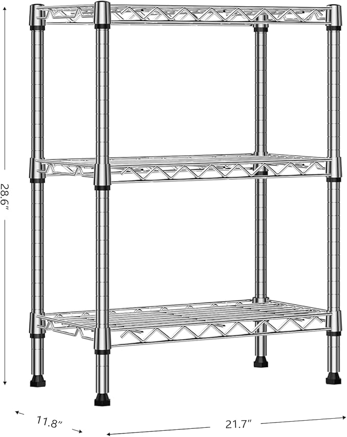 750 lbs 3 Tier Shelf Metal Storage Shelves Wire Rack Closet Organizers with PP Board for Garage Kitchen Bathroom Laundry Chrome 11.8" D x 21.7" W x 28.6" H-CasaMuseHome
