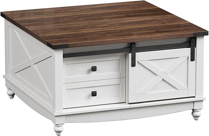 31.5" Lift Top Coffee Table with Storage, Farmhouse Coffee Tables for Living Room, Square Coffee Table with Large Hidden Storage Compartment, 2 Drawers & Removable Shelves, White-CasaMuseHome