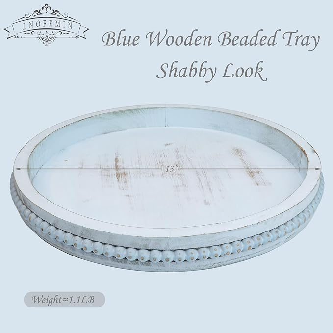 Round Wood Serving Tray with Beads, Blue Washed Wooden Decorative Tray for Entertaining, Decoration, and Gifting-CasaMuseHome