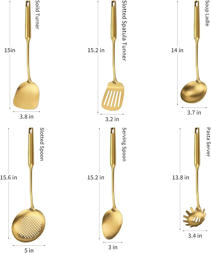 304 Stainless Steel Cooking Utensil,Kitchen Kitchen Utensil with Spatula, Solid Spoon, Ladle, Skimmer, Spaghetti Spoon, 6 Piece Set, Dishwasher Safe(Gold)-CasaMuseHome