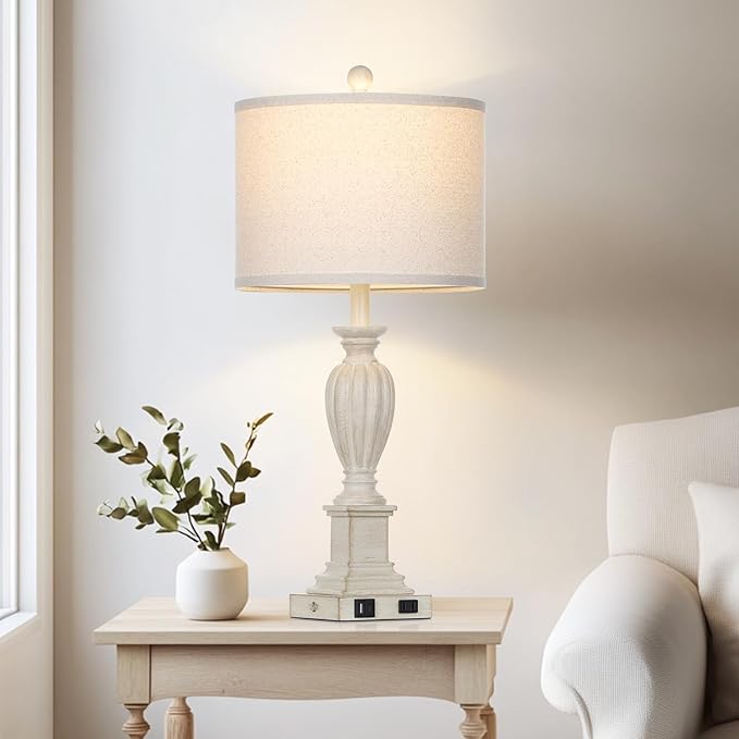 27" Farmhouse 3 Way Dimmable Touch Table Lamp Set of 2 Rustic Classic Bedside Nightstand Wood Lamps for Living Room Bedroom with USB C+A Ports Washed White (2 Bulbs Included)-CasaMuseHome