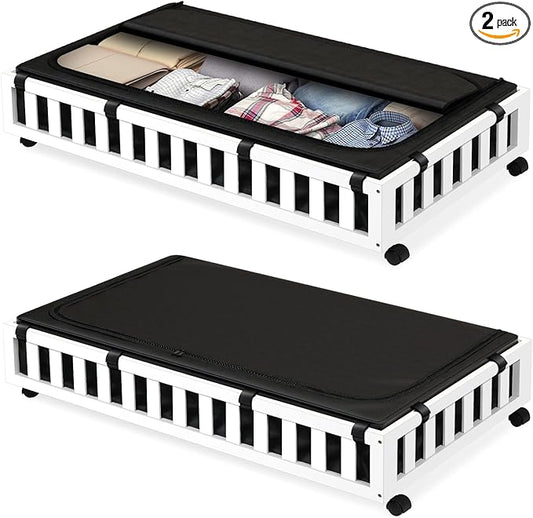 2 Pack Bamboo Under Bed Storage with Wheels, 39”x20”x7.8” Lager Under Bed Storage Containers (White)-CasaMuseHome