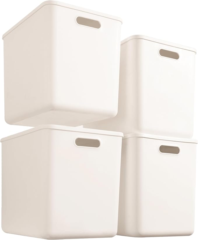 4 pack large plastic White storage bins Baskets, Toy Box Chest with Lids and Handle，Organizer Containers for Baby，Kids,snacks,Nursery，Shelves，Playroom, Bedroom，Office,Closet，home-CasaMuseHome