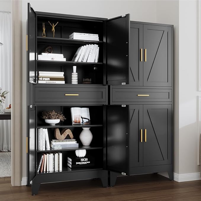 71 "Farmhouse Metal Filing Cabinet with a Drawer and 4 Adjustable Shelves, with 4 Large barn Door White Kitchen Cabinets, Metal Food Cabinets for Home, Kitchen, Dining/Living Room (Black)-CasaMuseHome