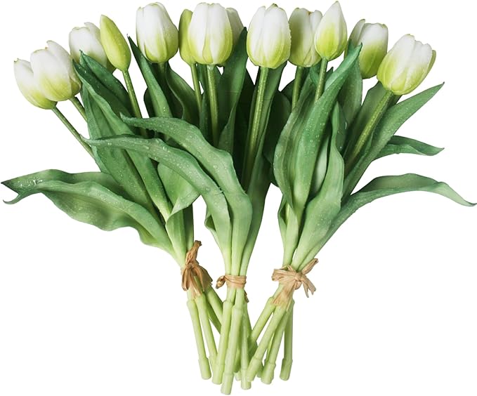 15pcs Artificial Tulips Flowers, Fake Tulips Real Touch, Faux Latex Bouquets, for Party Wedding Home Room Decoration (White)-CasaMuseHome