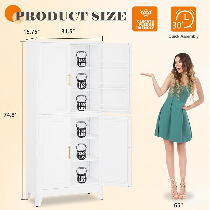 74.8" Tall Metal Food Cabinet, White Kitchen Pantry Cabinet, Storage Cabinets with 4 Door and 4 Adjustable Shelves, Steel Freestanding Cupboard for Kitchen Dining Room Living Room Bathroom-CasaMuseHome
