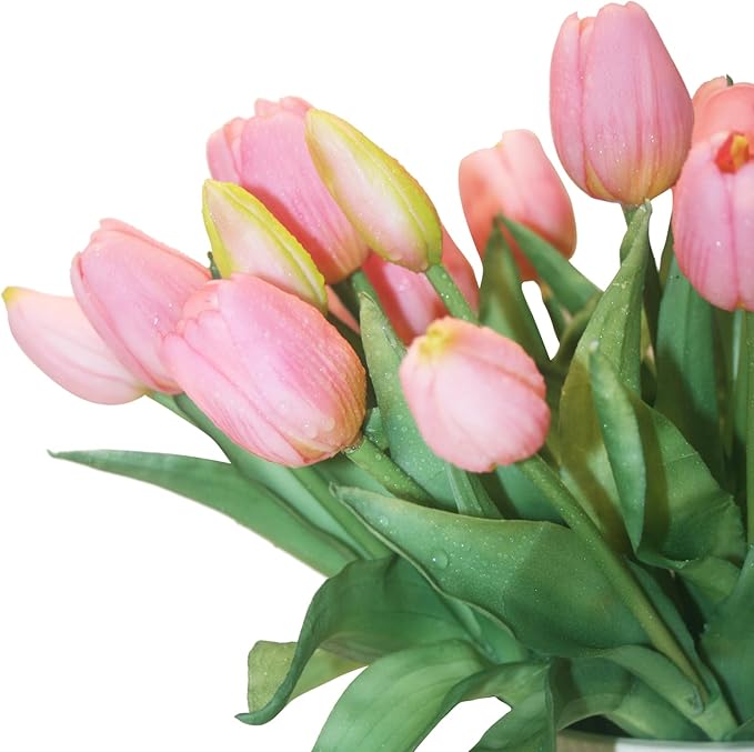 15pcs Artificial Tulips Flowers, Fake Tulips Real Touch, Faux Latex Bouquets, for Party Wedding Home Room Decoration (Pink)-CasaMuseHome