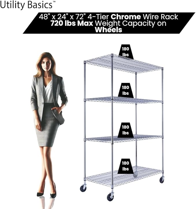 48"x24"x72" Chrome Premium Metal Steel Wire Shelving 4-Tier NSF 3200 LBS MAX Capacity Heavy Duty Storage Rack for Garages, Commercial Spaces, Hospitals, & Schools w/Premium Wheels-CasaMuseHome