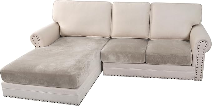H.VERSAILTEX Velvet Stretch 3-Piece L Shape Sectional Couch Covers (Large 2 Seater + 1 Chaise, Oatmeal)-CasaMuseHome