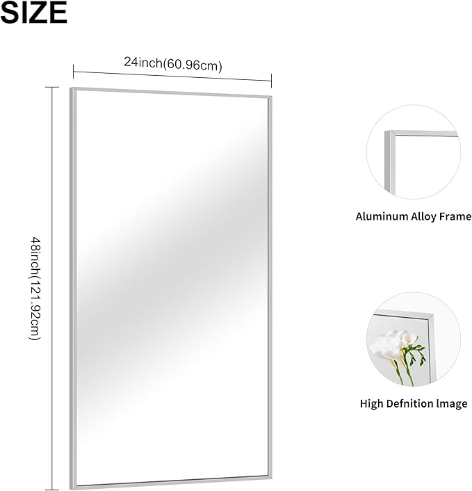 48x24In Silver Bathroom Mirror for Wall, Brushed Nickel Rectangle Mirrors with Metal Frame, Bathroom Rectangular Mirror Modern Wall Mirror for Bedroom Living Room, Hangs Horizontal or Vertical-CasaMuseHome