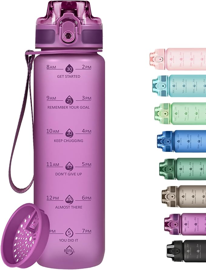 32oz Motivational Water Bottles with Time Marker & Fruit Strainer, Transparent Gradient Color Water Bottle with Times to Drink, Leakproof & BPA Free, Reusable Bottle with Strap (No Straw)-CasaMuseHome