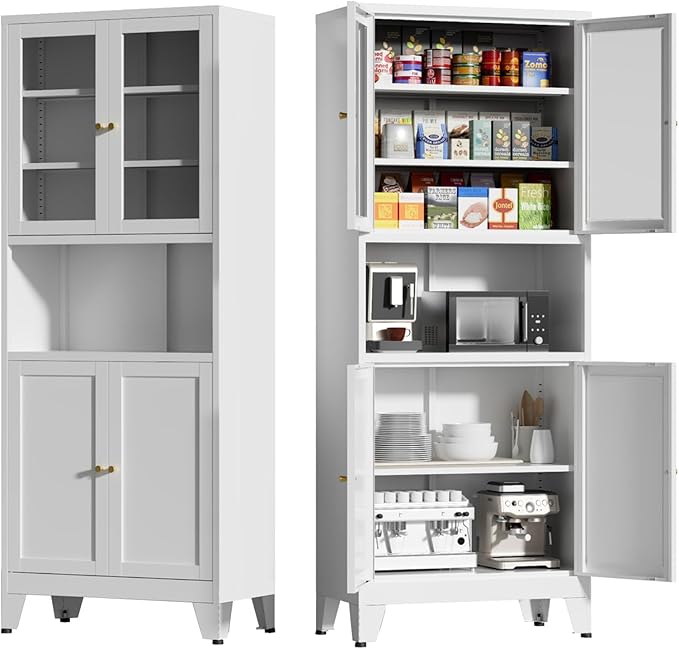 69" Tall Pantry Cabinet, Kitchen Storage Cabinet with 2 Glass Doors and Adjustbale Shelves, Freestanding Metal Cupboards for Dining Room, Living Room, Bathroom-CasaMuseHome