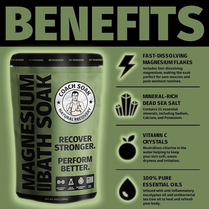 5 Pack Bundle: Coach Soak Recovery Bath Soak, Epsom Salt Bulk, Bath Salts Bulk, 5 Pack Bundle, Total of 15 Pounds (Eucalyptus Tea Tree)-CasaMuseHome