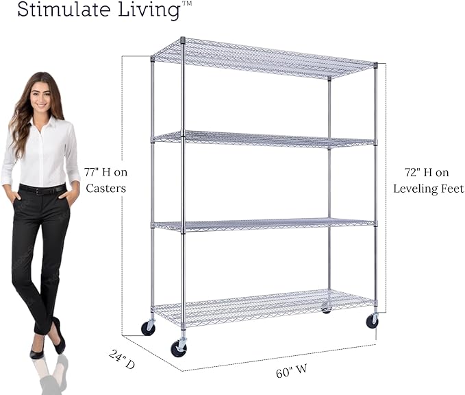 60"x24"x72" PRIME HEAVY DUTY Chrome 4-Tier Wire Shelving NSF 2400 LBS MAX Capacity Storage Rack for Commercial, School, Home, Garage, Warehouse, Industrial, and Hospital Uses (with Wheels)-CasaMuseHome