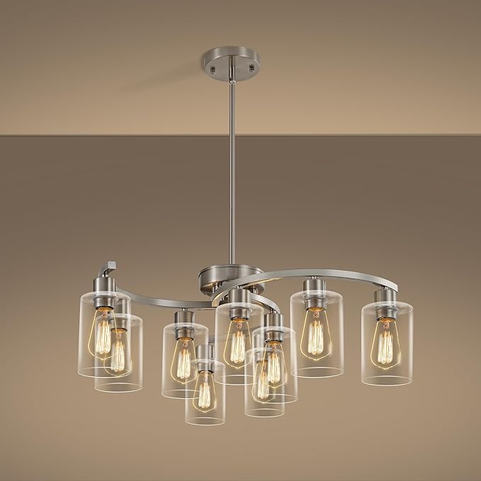 9-Light Brushed Nickel Glass Chandelier, Adjustable Height Hanging Industrial Dining Room Chandelier Over Table, Modern Farmhouse Chandelier for Kitchen Island Living Room Entryway Bedroom-CasaMuseHome