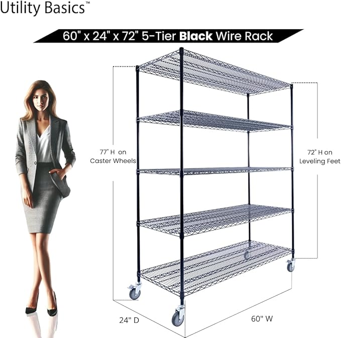 60"x24"x72" Black 5-Tier Premium Metal Wire Shelving NSF 4000 LBS MAX Capacity Heavy Duty Steel Storage Rack for Warehouse, Garage, Hospital, Commercial Space & School w/Premium Wheels-CasaMuseHome