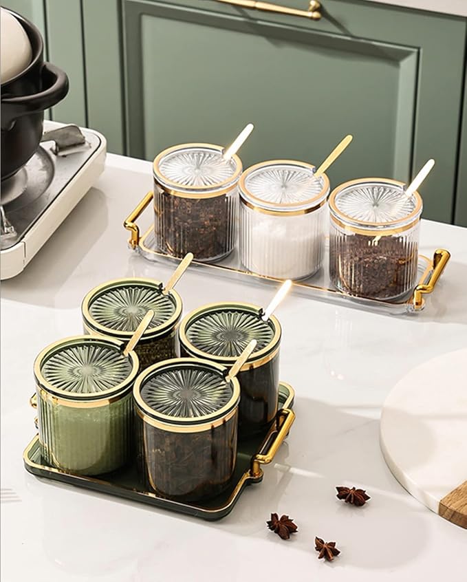 Acrylic Condiment Spice Jars,Condiment Spice Box With Lids and Spoons and Tray,Clear Plastic Condiment Canisters,Seasoning Box 4 Pack,Seasoning Box Set for Kitchen to Storage Salt,Paprika,Sugar-CasaMuseHome