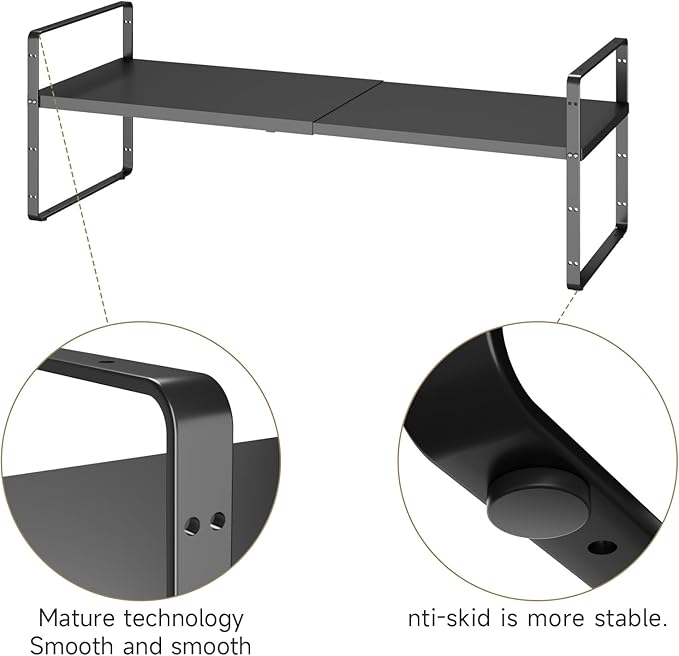 16.5~27.1" Expandable Shelf Organizer, 1Pack 8.1" Wide Stackable Cabinet Shelf Organizers, Black Metal Sturdy Kitchen Counter Storage for Countertop, Adjustable Height Spice Rack-CasaMuseHome