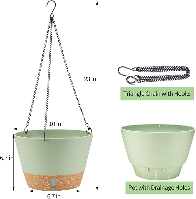 2 Pack Hanging Planters, 10 inch Indoor Outdoor Hanging Plant Pot Basket, Hanging Plastic Flower Pot with Drainage Hole with Removable Tray&Hooks for Hanging Plants,Green-CasaMuseHome