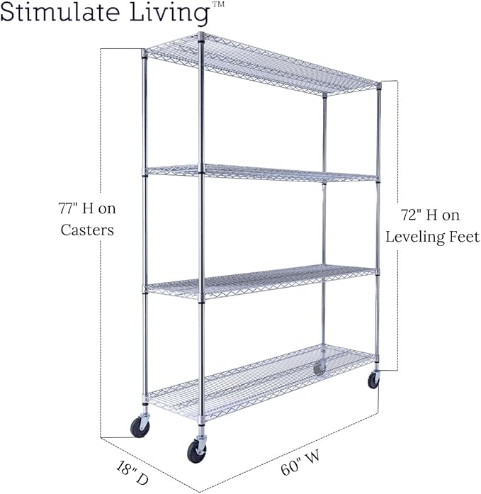 60"x18"x72" Prime Heavy Duty Chrome 4-Tier Wire Shelving NSF 3200 LBS MAX Capacity Storage Rack for Commercial, Hospital, School, Garage, and Kitchen Uses (with Wheels)-CasaMuseHome