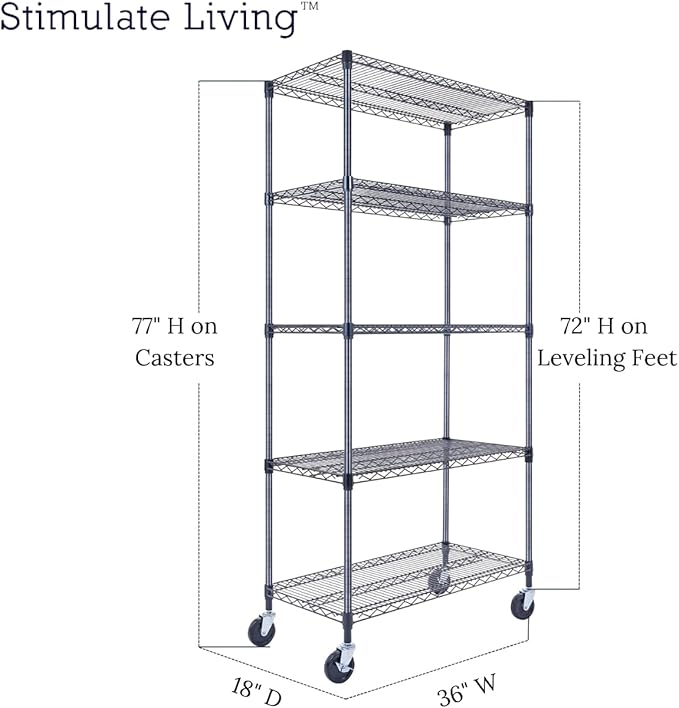 36"x18"x72" Prime Heavy Duty Black 5-Tier Wire Shelving NSF 4000 LBS MAX Capacity Storage Rack for Commercial, Hospital, School, Garage, and Kitchen Uses (with Wheels)-CasaMuseHome