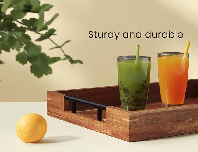 Acacia Wood Serving Tray with Metal Handles,15x10in Ottoman Decorative Trays Platter for Coffee Table,Living Room,Bar,Party(Medium)-CasaMuseHome