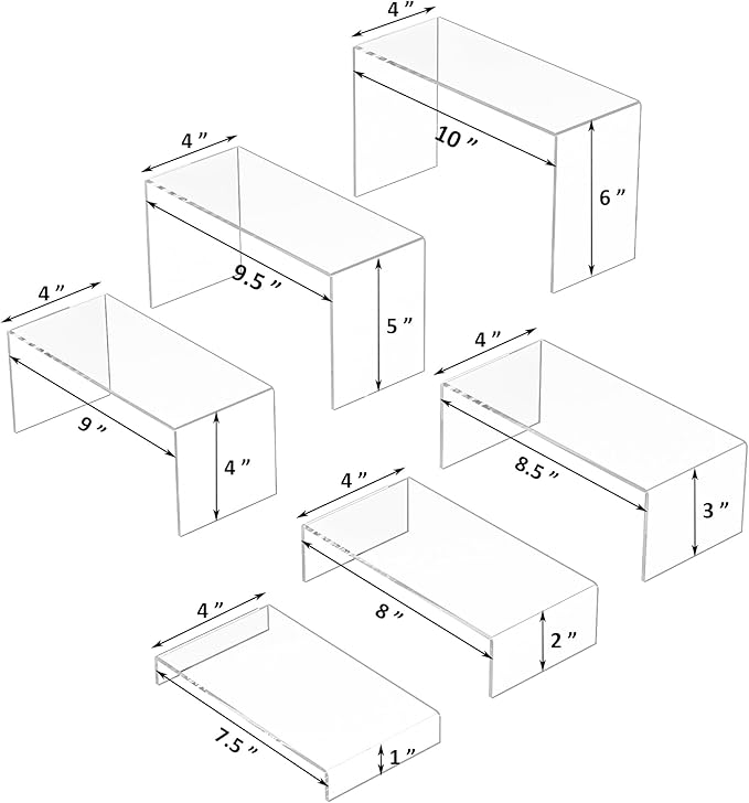 Acrylic Display Risers 6pcs, Clear Rectangular Display Organizer Stands, Acrylic Display for Funko Pop Figure, Desserts, Cupcake, Toys, Collectibles, Merchandises - 7.5''x8''x8.5''x9''x9.5''x10''-CasaMuseHome