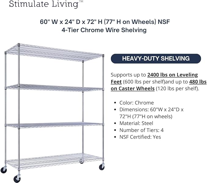 60"x24"x72" PRIME HEAVY DUTY Chrome 4-Tier Wire Shelving NSF 2400 LBS MAX Capacity Storage Rack for Commercial, School, Home, Garage, Warehouse, Industrial, and Hospital Uses (with Wheels)-CasaMuseHome