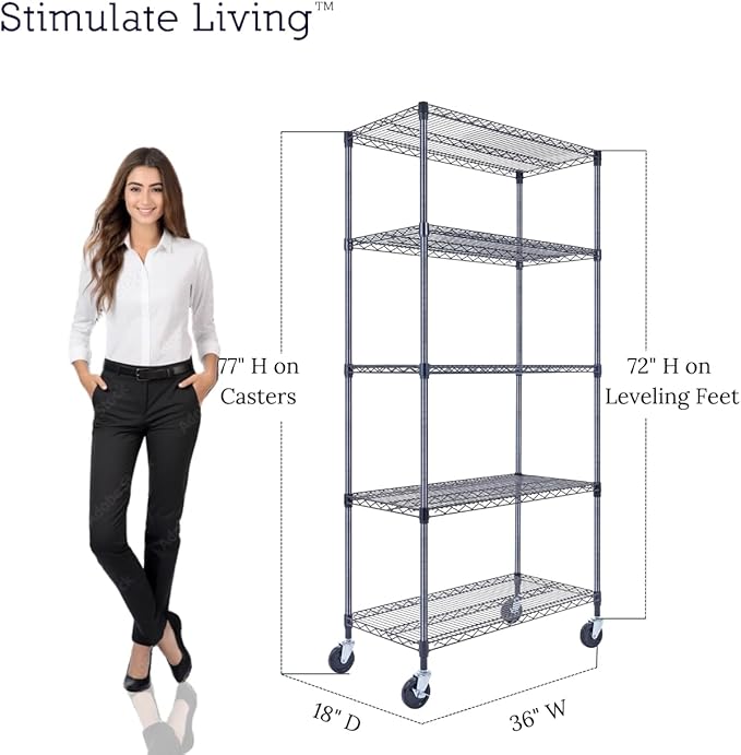 36"x18"x72" Prime Heavy Duty Black 5-Tier Wire Shelving NSF 4000 LBS MAX Capacity Storage Rack for Commercial, Hospital, School, Garage, and Kitchen Uses (with Wheels)-CasaMuseHome