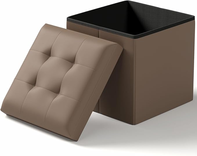 15 Inches Small Folding Storage Ottoman Cube, Storage Footrest, Foot Rest Stool, for Living Room, Bedroom, Dorm, Hallway, Entryway, Brown-CasaMuseHome