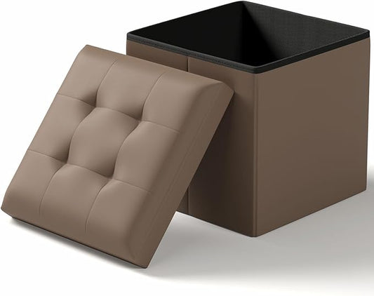 15 Inches Small Folding Storage Ottoman Cube, Storage Footrest, Foot Rest Stool, for Living Room, Bedroom, Dorm, Hallway, Entryway, Brown-CasaMuseHome