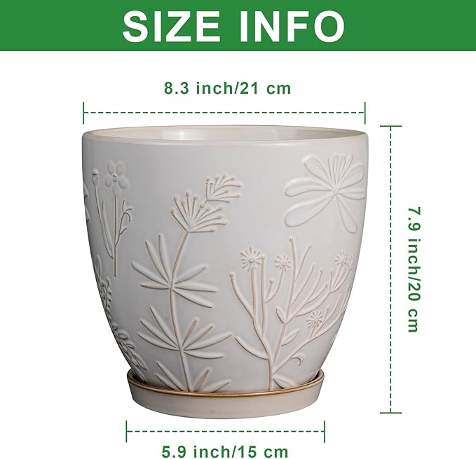8 Inch Ceramic Pots for Plants Large Planter Pot with Drainage Hole and Saucer Round Flower Pot for Indoor Outdoor Decor, White-CasaMuseHome
