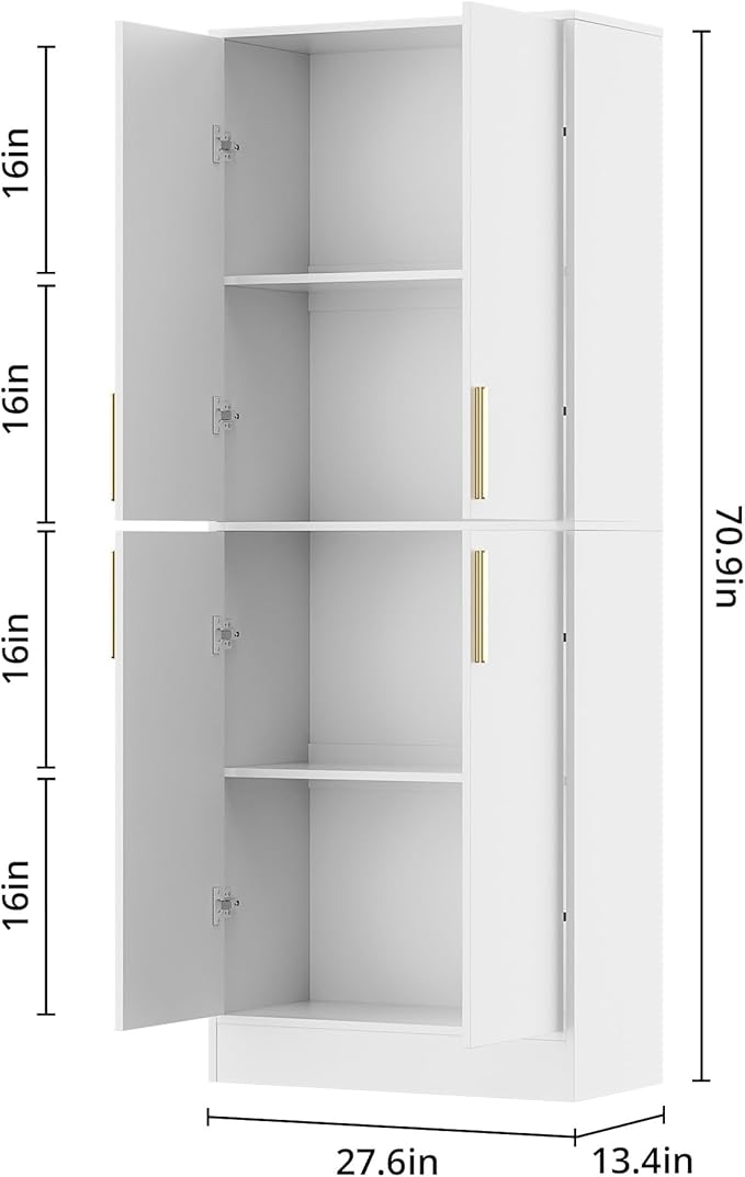 71" Tall Pantry Cabinet with 4 Doors, Kitchen Pantry Storage Cabinet, Freestanding Larder Cupboard, Kitchen Hutch with Gold Handles for Dining Room, Bathroom, White-CasaMuseHome