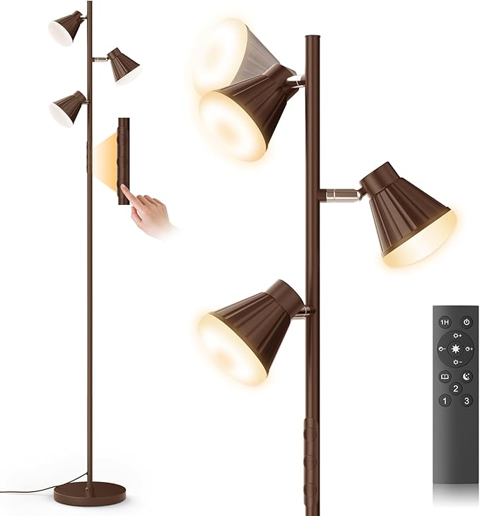 36W LED Tree Floor Lamp, Dimmable Tall Standing Lamp with Remote & Touch Control, 4 Color Temperatures Bright Floor Lamp, 3 Rotatable Light Modern Floor Lamps (Brown)-CasaMuseHome