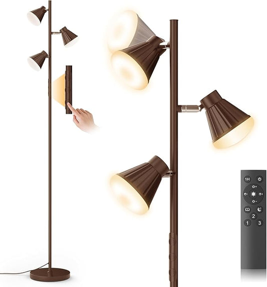 36W LED Tree Floor Lamp, Dimmable Tall Standing Lamp with Remote & Touch Control, 4 Color Temperatures Bright Floor Lamp, 3 Rotatable Light Modern Floor Lamps (Brown)-CasaMuseHome