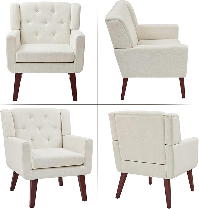 Accent Chair Button-Tufted Upholstered Living Room Chairs Comfy Reading Chair Mid Century Modern Chair with Linen Fabric Lounge Arm Chairs for Living Room Bedroom (Beige Set of 2)-CasaMuseHome