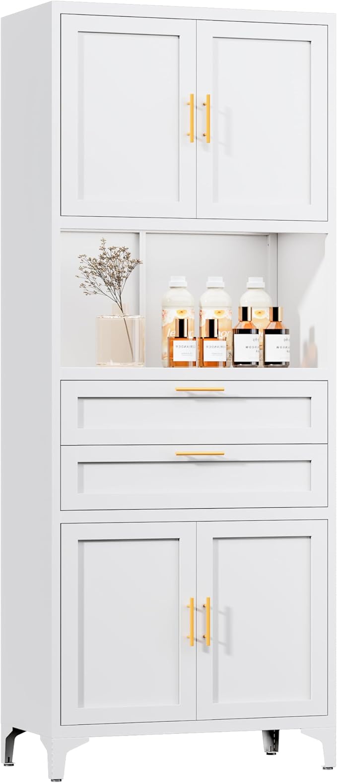75” Tall Kitchen Pantry Storage Cabinet, Metal Bathroom Storage Cabinet with 2 Drawers and Adjustable Shelves, Kitchen Pantry Cupboard, Freestanding Cupboard for Bathroom, Living Room (White)-CasaMuseHome