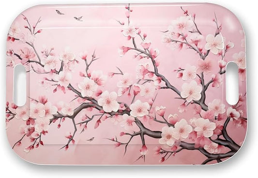 Serving Trays with Handles, 14.5 x 9.8 inch Rectangular Plastic Tray for Restaurant, Kitchen, Pink Cherry Blossom-CasaMuseHome