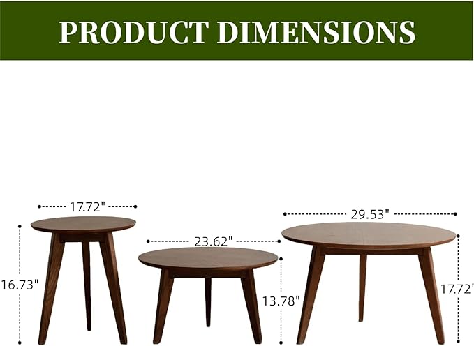 100% Solid Oak Wood Coffee Table Set, Round Coffee Table Combo Side Table w/Solid Wood Legs, Mid Century Table Sturdy Tables for Bedroom Balcony Living Room (Walnut, 3 Pieces)-CasaMuseHome