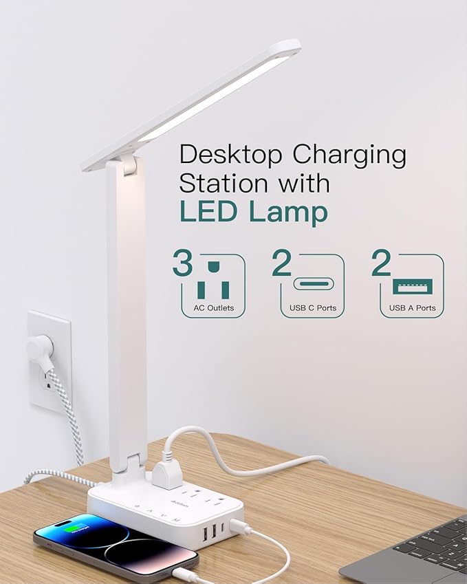 Addtam LED Desk Lamp, Power Strip with 3 Outlets 4 USB Charging Ports(2 USBC), 4 Modes 5 Level Brightness Touch Lamp, Small Desk Lamp for Home Office College Dorm Room Essentials, White-CasaMuseHome