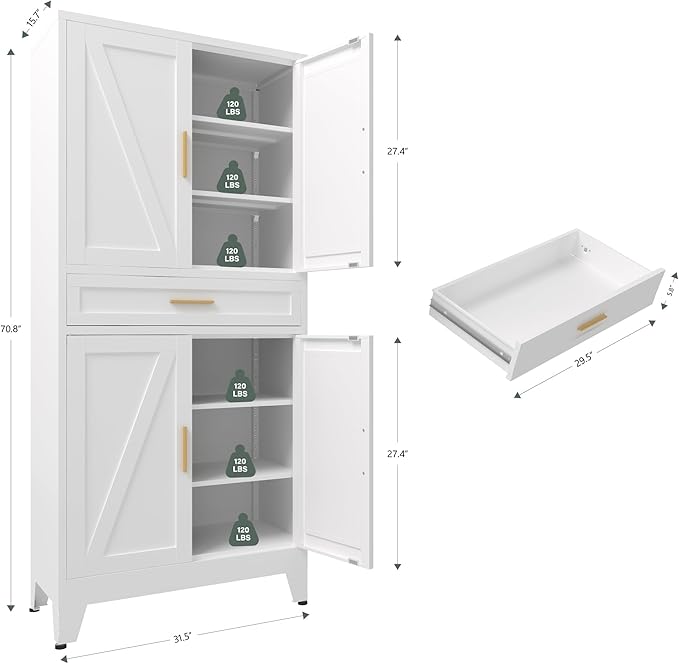 71 "Farmhouse Metal Filing Cabinet with a Drawer and 4 Adjustable Shelves, with 4 Large barn Door White Kitchen Cabinets, Metal Food Cabinets for Home, Kitchen, Dining/Living Room (White)-CasaMuseHome