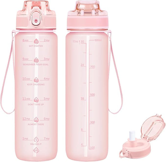 32oz Motivational Water Bottles with Time Marker & Fruit Strainer, Transparent Gradient Color Water Bottle with Times to Drink, Leakproof & BPA Free, Reusable Bottle with Strap (No Straw)-CasaMuseHome