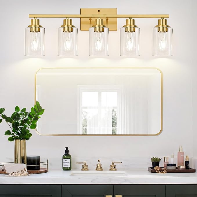 5-Light Bathroom Vanity Light with Clear Glass Shades, Brushed Gold Bathroom Light Fixtures Over Mirror, Modern Vanity Light for Mirror Living Room Cabinet Bedroom Porch-CasaMuseHome