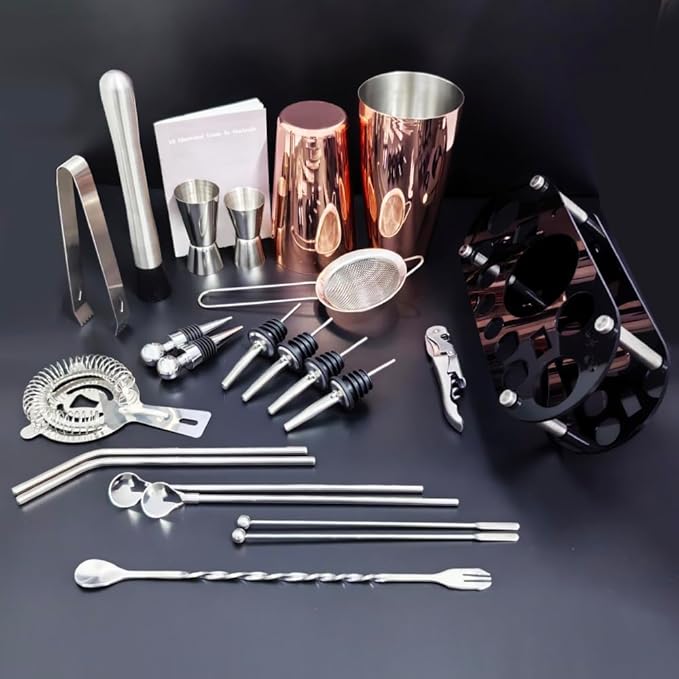 22-Piece Cocktail Shaker Set, 25/20oz Bartender Kit, Bartending Stainless Steel Bar Tools Sets for Drink Mixing, Boston Cocktail Shakers with Stand Recipes Booklet (Rose Gold-25-20oz)-CasaMuseHome