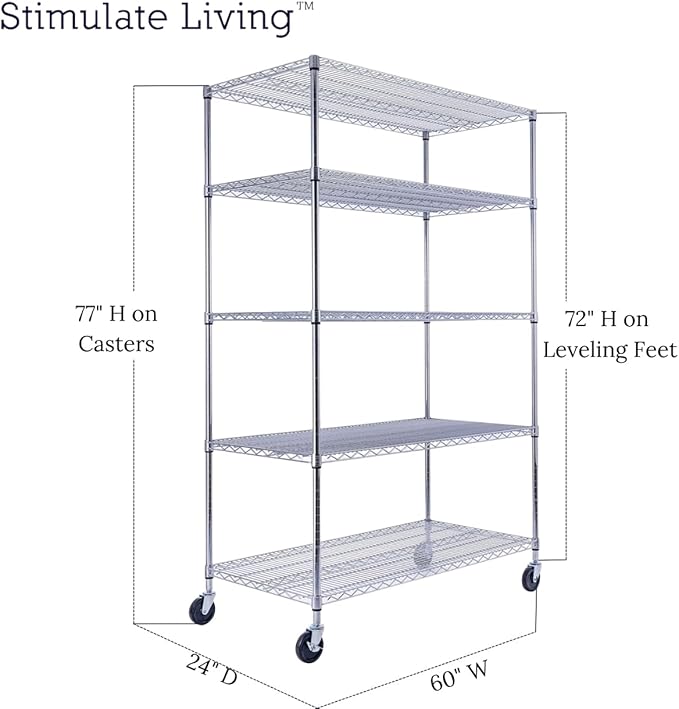 48"x24"x72" Prime Heavy Duty Chrome 5-Tier Steel Wire Shelving NSF 4000 LBS MAX Capacity Storage Rack for Commercial, School, Home, Garage, Warehouse, Industrial, and Hospital Uses (with Wheels)-CasaMuseHome