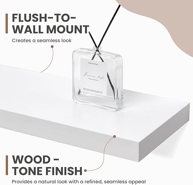 36 Inch Floating Shelves, 8 Inch Deep Floating Shelves for Wall, Hanging Shelf with Invisible Brackets, Deep Shelves for Bathroom, Bedroom, Living Room, White, Set of 2-CasaMuseHome