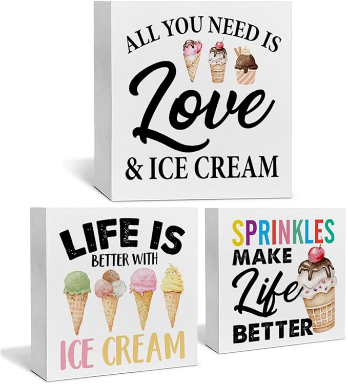 3 Pcs Summer Ice Cream Wood Box Signs Decor Farmhouse Summer Ice Cream Tiered Tray Decor Table Desk Shelf Kitchen Decoration Rustic-CasaMuseHome
